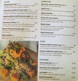 Salads, sandwiches, soups, snacking (V means vegan)  at Backyard Cafe - Street 240 in Phnom Penh