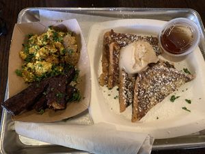 French Toast with tofu eggs and tempe bacon  at Dharma Southern Kitchen in Sanford