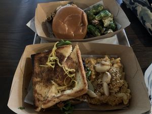 Carolina bbq sandwich and orange bird sandwich at Dharma Southern Kitchen in Sanford