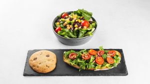 Lunch combo : Avo toast (vegan) mixed salad (Vegan)+chocolate chip cookie at R&B in Ljubljana