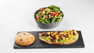 Lunch combo: Nashville style avocado toast (vegan) + cookie + mixed salad (Vegan) at R&B in Ljubljana