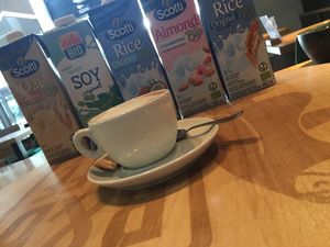 5 Plant based milks available: soy, rice, almond, coconut, oat at R&B in Ljubljana