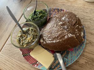 Bread with dips (hummus & pesto)  at Penny Lane Cafe in Aalborg