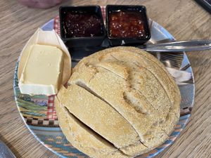 Ciabatta with jam  at Penny Lane Cafe in Aalborg