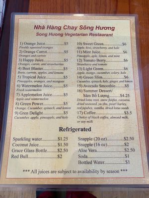 Smoothie, fresh juices, and drink menu at Song Huong Vegetarian Restaurant in Duluth