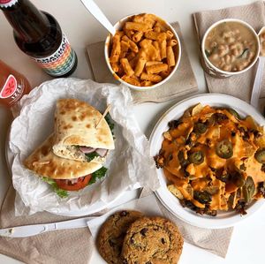 chikin salad wrap, black bean nachos, mac and cheeze, white bean and kale soup, chocolate chip cookies at City Cakes and Cafe in Salt Lake City