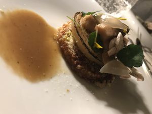 Caramelized onion and mushrooms with caramelized stock and a (I forgot) cracker  at Hofke van Bazel in Kruibeke