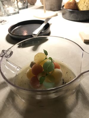 Lemon sorbet with frozen fruit balls and caramelized lemon with rosemary  at Hofke van Bazel in Kruibeke