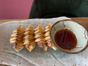 Gyozas 2021 version: one of my faves. Unfortunately, their 2023 version is slightly less good due to the sauce. at Vegan Sushi Bar - Downtown in Amsterdam