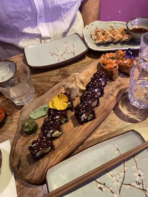 Gyoza, Salmon Inari and Cheesy Tuna Roll at Vegan Sushi Bar - Downtown in Amsterdam