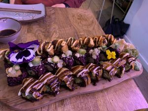 “Shrimp”, mushroom, and “salmon” rolls   at Vegan Sushi Bar - Downtown in Amsterdam