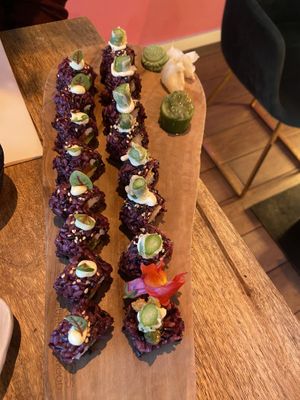 Cheesy tuna and Mighty mushroom: both very good, but the cheesy tuna is more creamy and the mushroom one more umami. at Vegan Sushi Bar - Downtown in Amsterdam