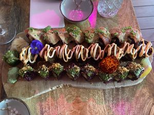 From top to bottom: Nikkei ceviche (very good), Crunchy California (quite good) and Green miso (quite good).  at Vegan Sushi Bar - Downtown in Amsterdam