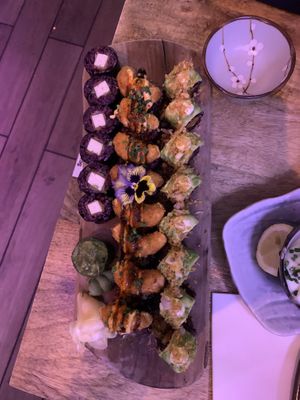 Miso glazed Tofu, Shrimpless crunch & sweet Avocado (left to right)  at Vegan Sushi Bar - Downtown in Amsterdam