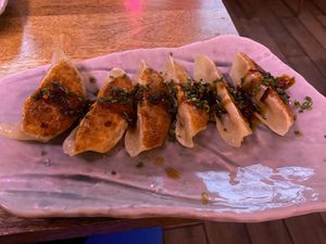 Gyoza: very good, but spicy. I still think their previous version was better due to the creamy sauce. at Vegan Sushi Bar - Downtown in Amsterdam