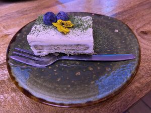Matcha tiramisu: creamy pie, but not really a tiramisu. It doesn't have that powerful taste. at Vegan Sushi Bar - Downtown in Amsterdam