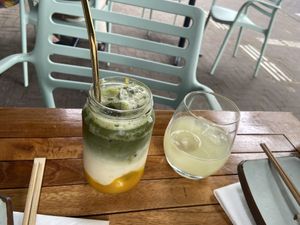 Matcha mango milktea (quite nice, but with conserved mango) and yuzu sake (very good) at Vegan Sushi Bar - Downtown in Amsterdam