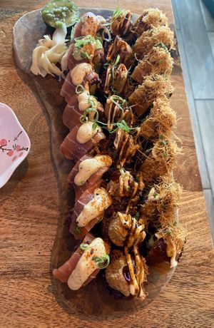 Flambé salmon, No chicken teriyaki and Happy fish. Nice, but used to be better. The Happy fish was the least tasty of the 3, because the ebi was missing at Vegan Sushi Bar - Downtown in Amsterdam