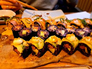Spicy tuna, happy fish, salmon avocado and sweet potato avocado rolls at Vegan Sushi Bar - Downtown in Amsterdam