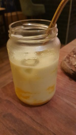 Matcha mango milk tea at Vegan Sushi Bar - Downtown in Amsterdam