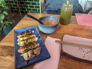 Gyoza, miso soup and matcha lemonade at Vegan Sushi Bar - Downtown in Amsterdam