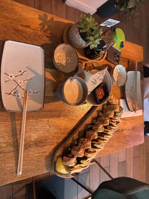 "Chicken" bap bun, California sushi, Happy Fish sushi, chai lattee  at Vegan Sushi Bar - Downtown in Amsterdam