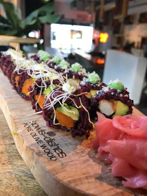 Sushi: sweet potato tempura + avocado & vegan shrimp + fried avocado at Vegan Sushi Bar - Downtown in Amsterdam