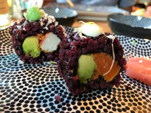 Sushi: sweet potato tempura + avocado & vegan shrimp + fried avocado at Vegan Sushi Bar - Downtown in Amsterdam