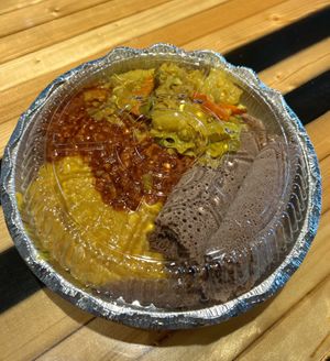 Veggie Delight with Miser, Kik, Tikel Gomen, and gluten-free Injera.   at Konjo Ethiopian Food in Edgewater