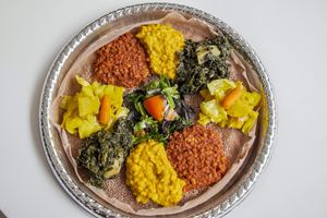 Traditional shared platter for 2 or more people at Konjo Ethiopian Food in Edgewater