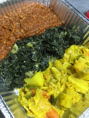 Three Entre Family Pan- Feeds up to 6 people.  Served with 1 stack of Injera flatbread.  GF Injera available at Konjo Ethiopian Food in Edgewater