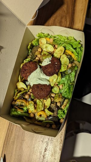 Salad with roasted veggies and falafel at Herbívoro- Chapinero in Bogota