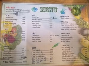 Menu with noodles, rice, hotpot,....  at Phuoc Vegan in Da Nang