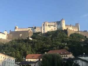 Stieglkeller: direct beneath the Castle: the building with the red roof; the terraces are on the left with the trees. at Stiegl-Keller in Salzburg