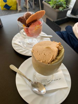 Chocolate and strawberry ice cream and granite pistachio and hazelnut   at Comis Ice Cafe in Catania