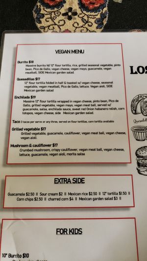 Vegan section of menu at Los Dos Hombres in The Entrance