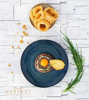 Stuffed mushrooms & onion rings at Harvest Kitchen & Bar in Quarteira