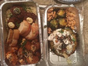 falafel, couve-flor panada (super picante!), bolo de courgette, cogumelos recheados at Harvest Kitchen & Bar in Quarteira