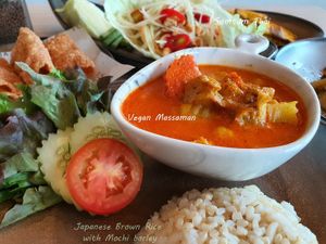 Vegan massamun along with Japanese brown rice and mochi barley at VIBE Coffee & Plant-Based Food in Bangkok