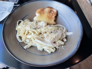 Mushroom carbonara, 189 baht. Not listed in the menu as vegan, but asked if it was/could be, and it tasted great.  at VIBE Coffee & Plant-Based Food in Bangkok