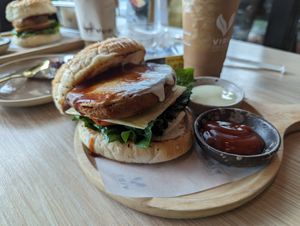 Pork burger at VIBE Coffee & Plant-Based Food in Bangkok