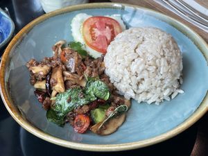 Plant-based pork with rice, 149 baht  at VIBE Coffee & Plant-Based Food in Bangkok