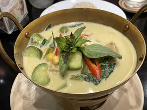 Green curry with soy chicken, mushroom and vegetables (179 baht) with brown rice (45 baht)  at VIBE Coffee & Plant-Based Food in Bangkok