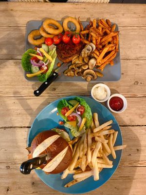 Vegan steak & Sweet potato fries. Vegan burger & fries at Daisy's  in Torquay