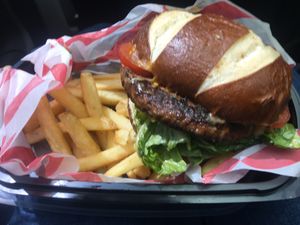 Vegan burger and fries   at Daisy's  in Torquay