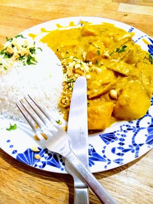 West African inspired not chicken peanut stew with basmati rice from our vegan valentine's night 2020  at Daisy's  in Torquay