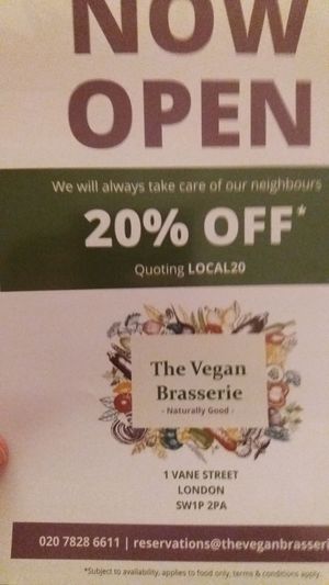 20% off food in October 2020 at The Vegan Brasserie in South West London