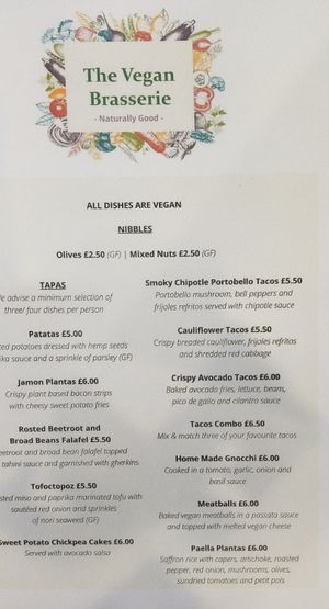 Tapas Menu at The Vegan Brasserie in South West London