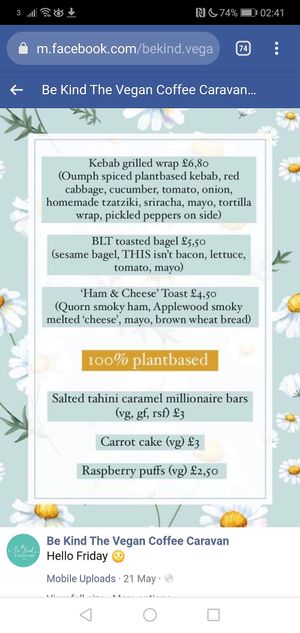 Menu at Be Kind The Vegan Coffee Caravan in Hayle