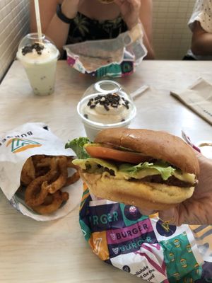 traditional v burger, onion rings and mint choc milkshake  at V Burger in Calgary